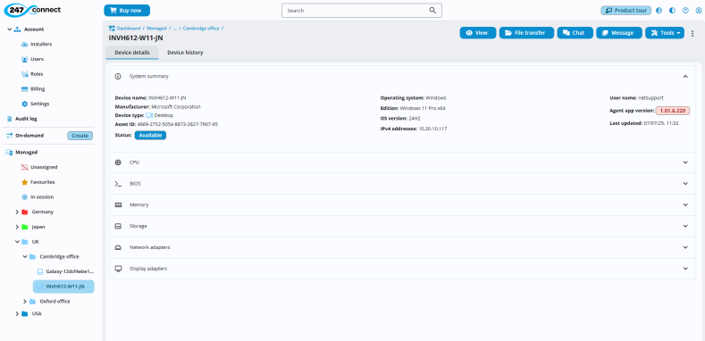 Web Portal showing a selected device in the display area. The Device details tab is selected, showing a system summary with information such as device name, manufacturer (Microsoft), device type (Desktop), asset ID, status (Available), operating system (Windows 10 Pro x64), IP address, username (netsupport), agent app version and last updated timestamp. Expandable sections for CPU, BIOS, Memory, Storage, Network adapters and Display adapters are listed. Buttons at the top include View, File transfer, Chat, and Message.